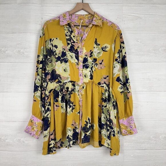 Free People Top Size S Brunch A Bunch Floral Tunic Blouse Yellow Oversized - Picture 2 of 14